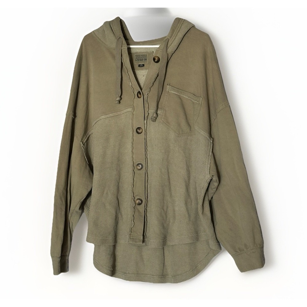 American Eagle Waffle Knit‎ Hoodie Shacket Green Oversized L XL Spring Cozy